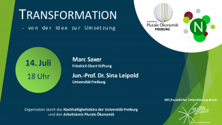 Header: Transformation - von der Idee zur Umsetzung, 14. Juli 18 Uhr, organisiert vom AK Plurale Ökonomik und Nachhaltigkeitsbüro Uni Freiburg