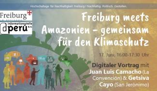 Einige Menschen sind im Gespräch miteinander um Ideen für mehr Nachhaltigkeit auszutauschen. Zudem ist auf dem Bild nochmals der Titel der Veranstaltung vermerkt und die Vortragenden.