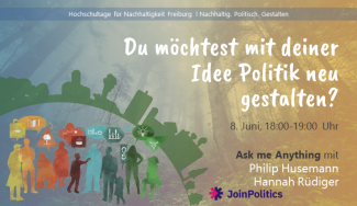 Einige Menschen sind im Gespräch miteinander um Ideen für mehr Nachhaltigkeit auszutauschen. Zudem ist auf dem Bild nochmals der Titel der Veranstaltung vermerkt und die Vortragenden.