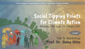 Einige Menschen sind im Gespräch miteinander um Ideen für mehr Nachhaltigkeit auszutauschen. Zudem ist auf dem Bild nochmals der Titel der Veranstaltung vermerkt und die Vortragenden.