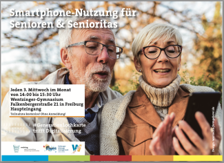 Ein älteres Paar wirbt für die Smartphone-Sprechstunde