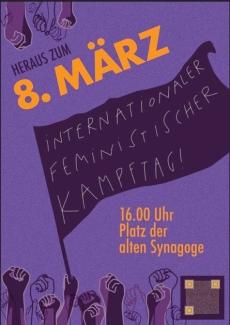 Zu sehen ist das Plakat für den internationalen feministischen Kampftag, auf dem viele Hände  zu sehen sind, die eine Fahne mit den Daten der Veranstaltung halten.