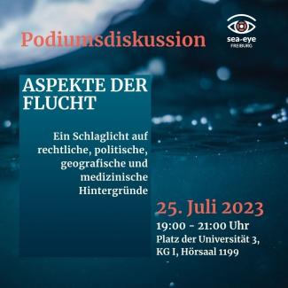 Zu sehen ist das Sharepic der Veranstaltung. Auf einem blauen Hintergrund mit Wasserelementen ist der Titel der Veranstaltung sowie auch Datum und Ort geschrieben. Oben ist das Logo der Veranstalter, Sea Eye Freiburg e.v. zu erkennen.