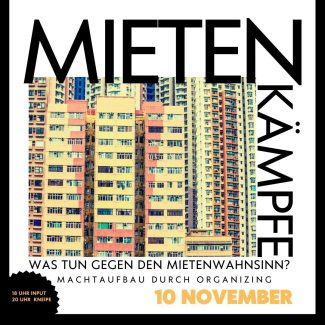 Flyer- Es sind Hochhäuser zu sehen und ein Text zur Beschreibung der Veranstaltung