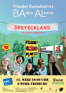 Ankündigungsplakat Dreyeckland - ein Stück des Theater Baden-Alsace im Ewerk Freiburg am 12. März 24