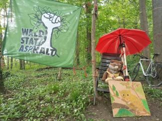 Stofffuchs mit Schirm im Wald neben Banner Wald statt Asphalt