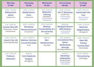 Hier gibt es eine vorläufige Übersicht über das Wochenprogramm, dargestellt in einer Tabelle