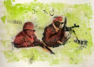 Collage von Amado Alfadni, die zwei Kolonialsoldaten mit Gewehr im Schützengraben abbildet.