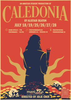 Caledonia Groß als Überschrift; Roter Hintergrund und eine Person mit einem Fernglas vor einer Sonne.