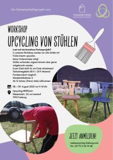 Flyer mit Beschreibung zum Workshop und mit Abbildungen von einem alten und einem neu lackierten Stuhl, und wie er gerade bearbeitet wird.