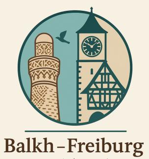 Logo mit einem afghanischen Minarett und dem Schwabentor in Freiburg gemalt, verbunden durch einen fliegenden Vogel und dem Schriftzug der Gruppe aghanischen Balkh-Freiburg