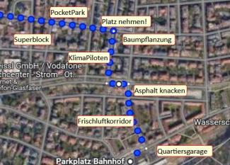 Stadtplan mit den Schwammstadt-Stationen für den Rundgang